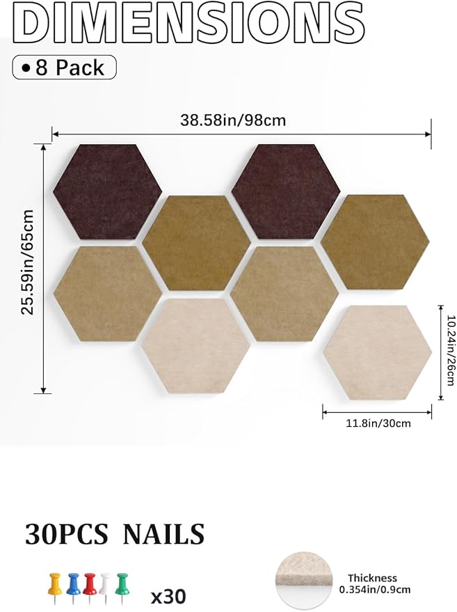 8 Pack Hexagon Felt Bulletin Board Tiles - 11.8" Large Thick Pin Board for Walls with 30 Push Pins, DIY Boards for Office Home School Decor, Aesthetic Hex Cork Board Alternative