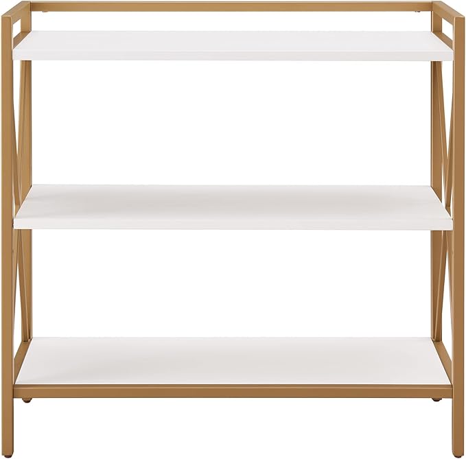 Leick Home Claudette Bookshelf, White Wood, Satin Gold, 3 Shelves, Easy Assembly, 12 in D x 32 in W x 32.25 in H, Item 9261-WTGL