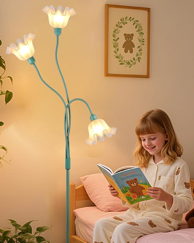Flower Floor Lamp for Living Room, Modern Tree Floor Lamp with Adjustable Heads, 3 Light 3000K Soft Warmwhite Mid Century Standing Tall Lamp for Bedroom Kids Room-Green