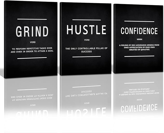 KAWAHONE Motivational Success Canvas Wall Art, Grind Hustle Confidence Wall Decor Framed Inspirational Entrepreneurs Painting Prints Quotes Poster for Office Workplace Ready to Hang