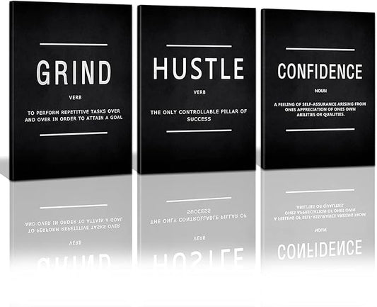 KAWAHONE Motivational Success Canvas Wall Art, Grind Hustle Confidence Wall Decor Framed Inspirational Entrepreneurs Painting Prints Quotes Poster for Office Workplace Ready to Hang