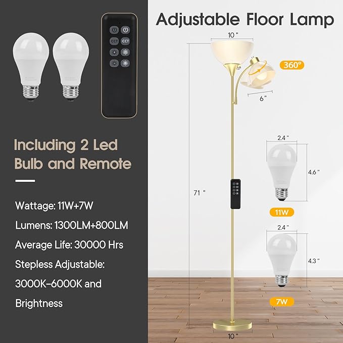 GERGO Led Floor Lamp, Super Bright 11W+7W 2100LM Torchiere Floor Lamps for Living Room, Stepless Adjustable 4 Color Temperatures 3000K-6000K with Remote Control for Bedroom(Golden)
