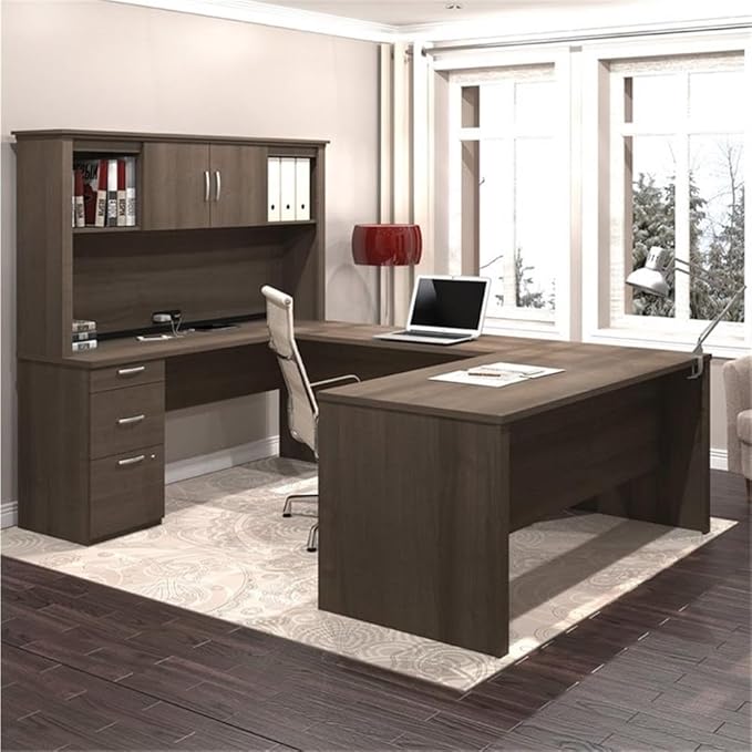 Atlin Designs 66" W x 95.5" D Modern Contemporary U-Shaped Wood Computer Desk with Hutch, for Home Office, Fully Reversible Unit, in Mahogany Finish