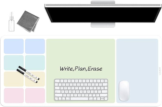 LOUKIN Erasable Dry Erase Desk Mat, Mouse Pad, Writing White Board, Non-Slip Desktop Protector for Office, Home, School (Includes 2 Wet Erase Markers & Cleaning Cloth) 32"x14"