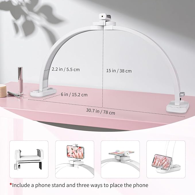 Foldable Half Moon Light for Nail Desk, 31in 45W Nail Desk Lamp with Phone Holder, Half Moon Table Lamp with Stepless Color Temperature Dimmable for Manicure (White)