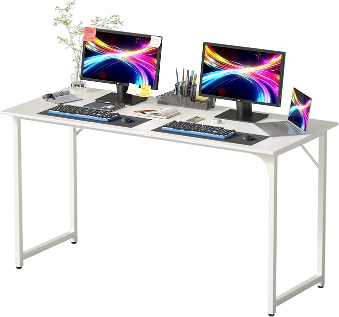 PayLessHere | 55 Inch Computer Desk | White | Office Desk with Metal Frame, Adjustable Feet | Water-Resistant, Scratchproof Surface | Sturdy Writing Table for Home Office or Study | Pack of 1