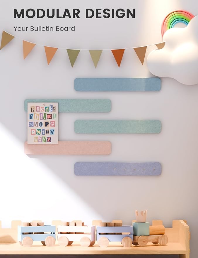 Fluxynara Cork Board Alternative Felt Strip Board 5-Pack 13"x2", Office Pin Board with 35 Push Pins, Adhesive Install for Bedroom Door & Home Office(Coastal Haze)