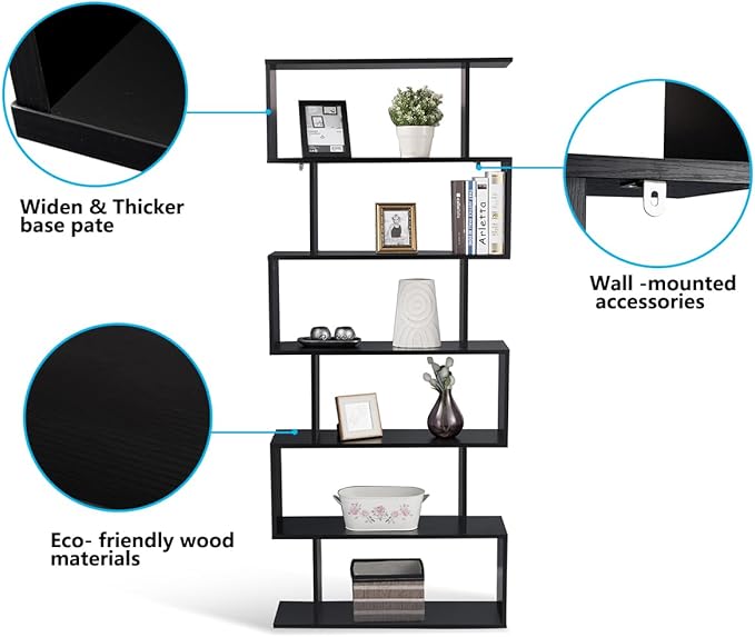 Tangkula 6-Tier Geometric Bookcase, Modern S-Shaped Storage Display Bookshelf for Living Room, Anti-Toppling Device, Home Office Wooden 6 Shelf Open Bookcase (1, Black)