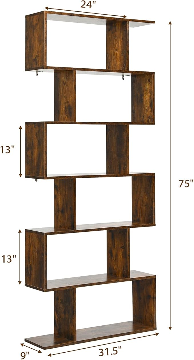 Tangkula 6-Tier Geometric Bookcase, Modern S-Shaped Storage Display Bookshelf for Living Room, Anti-Toppling Device, Home Office Wooden 6 Shelf Open Bookcase (2, Coffee)