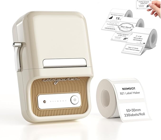 NIIMBOT B21 Label Maker, 2 Inch Portable Thermal Label Printer, Label Maker Machine with Tape, Compatible with Android, iOS & PC,Labeling for Home Storage Office and Small Business,Off-White
