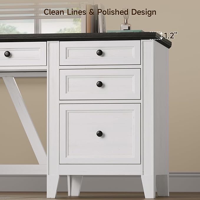 ONBRILL 54 Inch Farmhouse Executive Desk, Computer Desk with Storage Drawers & File Drawer, Modern Home Office Desk with Charging Station for Working, Studying, Writing, Brown (White)