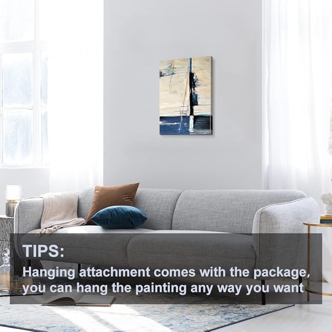Large Abstract Canvas Wall Art Modern Geometric Art Paintings Blue Blocks and Lines Painted on Cream Background Elegantly Framed Artwork Pictures for Living Room Bedroom Wall Decor 24x16in