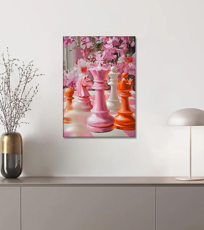 Pink Chess Wall Art - Colorful Chess with Floral Canvas Prints Intelligence Game Posters Motivational Artwork Trendy Home Wall Decor for Bedroom Living Room Bathroom Office, Framed 12"x16"