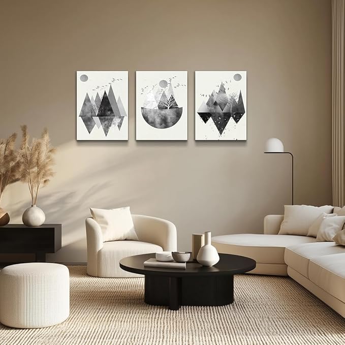 Black and white Abstract canvas Wall Art for living room Canvas Prints Artwork bathroom Wall Decor Abstract Mountain geometric Watercolor painting 3 Pieces Framed bedroom wall decorations Home Decor
