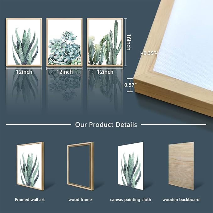 Natural Wood Framed Canvas Wall Art For Living Room Wall Decor For Bedroom Bathroom Decor Pictures Artwork Green Plant Flowers Paintings Modern Kitchen Home Decorations Of 3 Piece Framed Art Prints