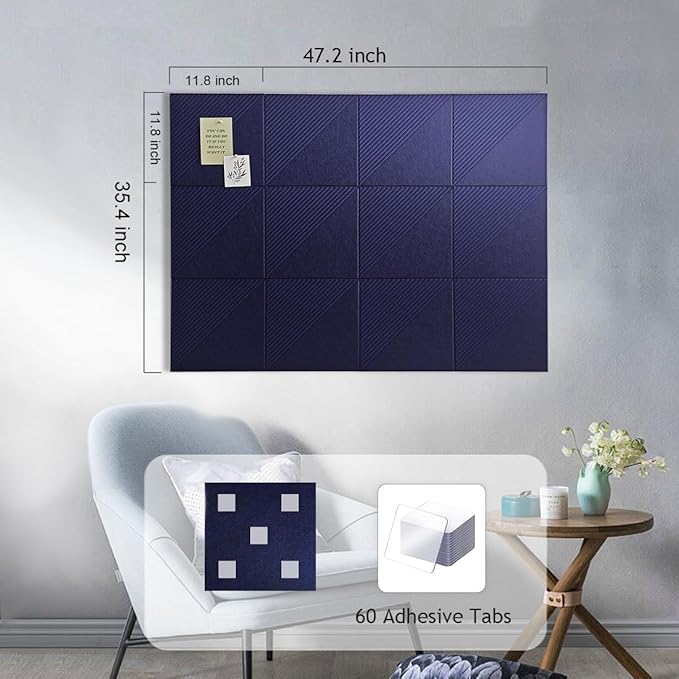 Large Cork Board for Walls 48"x 36", 12 Pack Felt Wall Tiles with Safe Removable Adhesive Tabs, Cork Board for Office,Pinboard Bulletin Board - Navy Blue