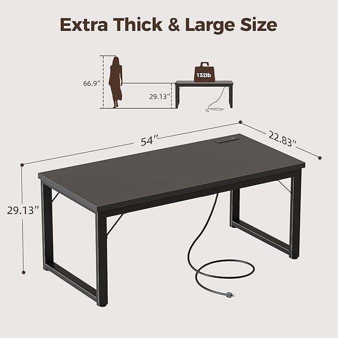 Mericonia 54 Inch Computer Desk with Power Outlets, 1.2" Thick Heavy Duty Industrial Office Desk, Modern Simple Study Writing Table for Home Office Bedroom Workstation, Black