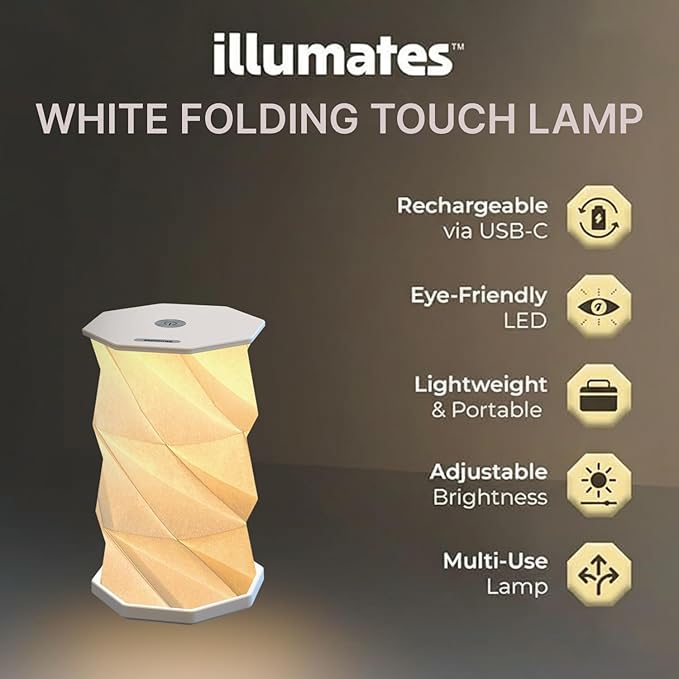 Origami Expanding Foldable LED Desk Lamp – USB Rechargeable & Portable - Dimmable Touch Control Light with Adjustable Height up to 5 1/2 for Office, Travel, Bedside - Sleek & Modern Design (White)