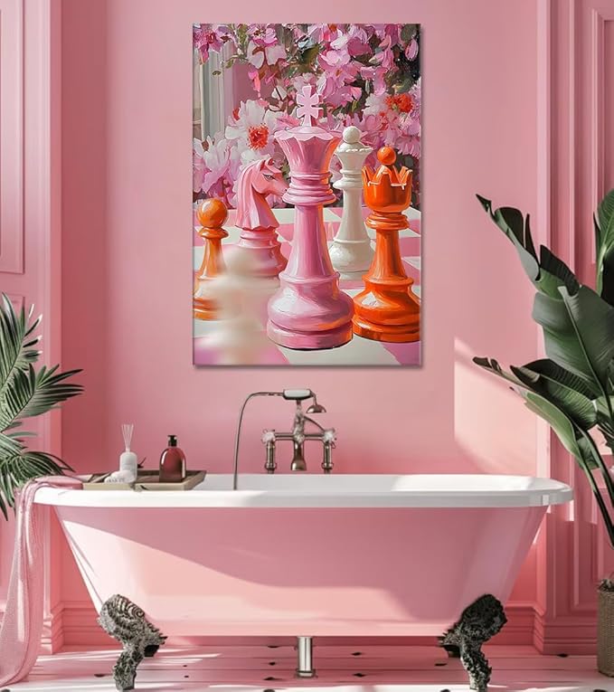 Chess Pictures Wall Art - Trendy Canvas Prints Chess Wall Decor Intelligence Game Challenge Poster Chessboard Painting Pink Aesthetic Artwork for Bedroom Living Room Home Office, Framed 28"x 44"
