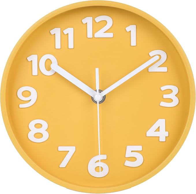45MinST 8-Inch Yellow Modern Wall Clock – Silent Non-Ticking, 3D Large Numbers, Accurate Timekeeping | Decorative Wall & Desk Clock with Stand for Living Room, Bedroom, Kitchen, or Office