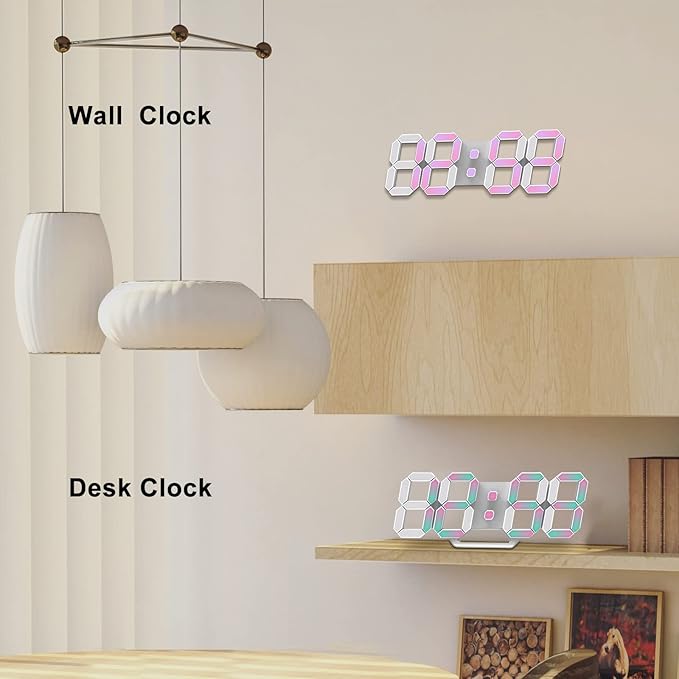 Deeyaple Led Digital Alarm Clock 3D Small Wall Clock Snooze Dimmable Time Memory 12/24 Date Temperature Remote Control Night Light Office Kitchen Living Room Bedroom (9.7 Inch, Multicolor)