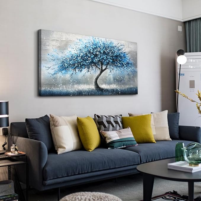 hyidecorart Large Panoramic Abstract Canvas Wall Art - Blue Tree of Life Pictures Painting, Modern Posters Artwork Ready to Hang, Wall Decor for Living Room Bedroom Office Home Decorations