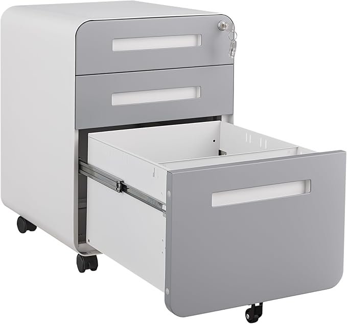 3 Drawer Mobile File Cabinet with Lock, Under Desk Storage Filing Cabinet for Home Office, Small Rolling File Cabinet for Legal, Letter and A4 Files (White+Gray)