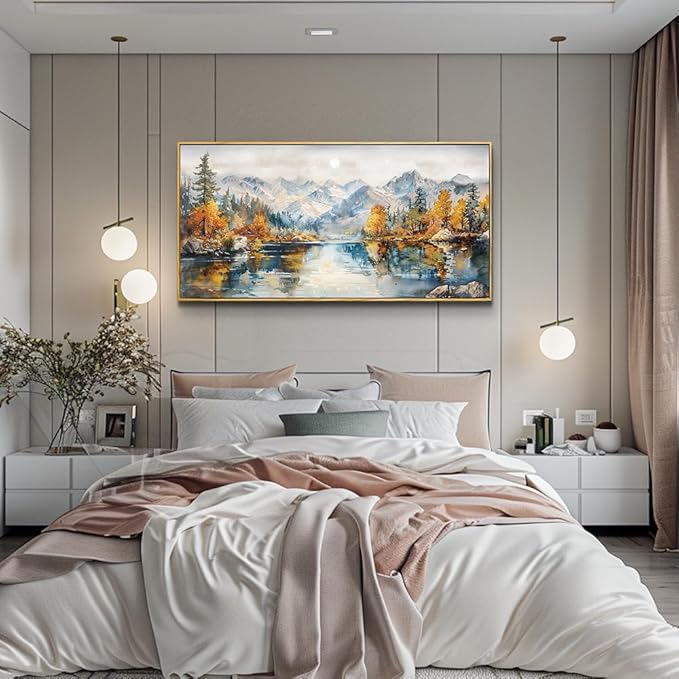 ZUITINGHUA Wood Framed Canvas Wall Decor For Living Room Large Wall Art For Office Watercolour Paintings Bedroom Decorations Farmhouse Home Mural Forest Mountain Landscape Pictures Artwork 24x48 In