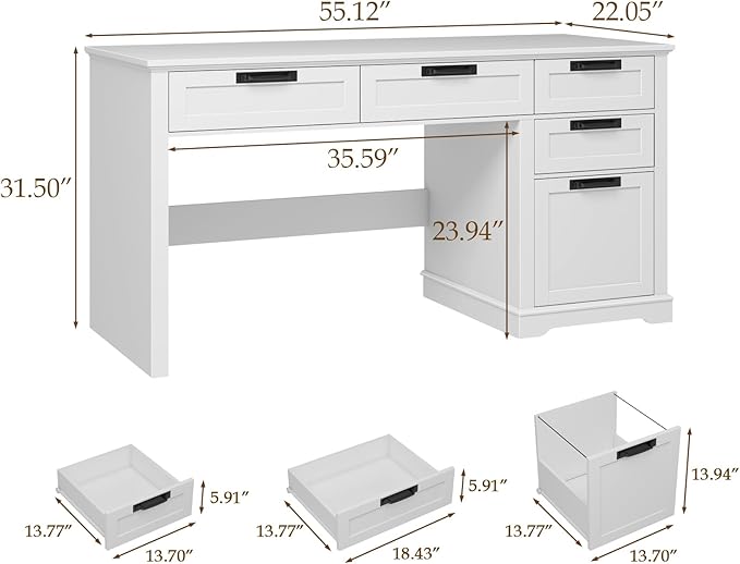 Vabches 55" Farmhouse Home Office Desk with File Drawer, Executive Computer Desk with 4 Storage Drawers, Rustic Computer Desk for Working, Studying, Writing, White
