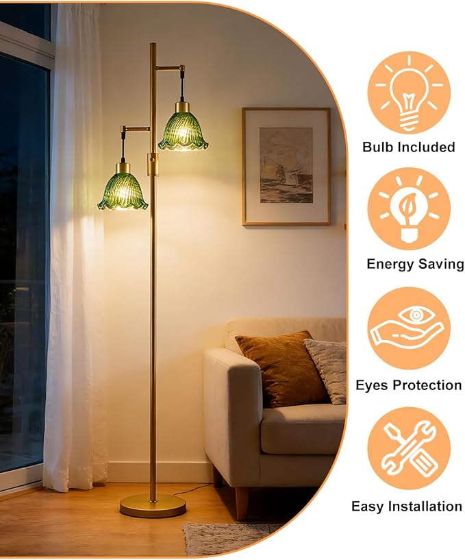 Lightdot 2- Light Gold Flower Floor Lamp for Living Room, 65IN Dimmable Floor Lamps with Green Glass Shade& 3000K Warm White Bulbs, Modern Standing Tall Lamp for Bedroom Office Sofa Beside Home Decor
