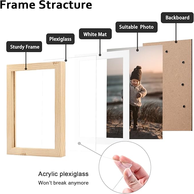 KINLINK 6x8 Picture Frame Wood Grain Set of 6, Wooden Photo Frame Matted 4x6 with Plexiglass for 4x6 with Mat or 6x8 without Mat for Table and Wall Display
