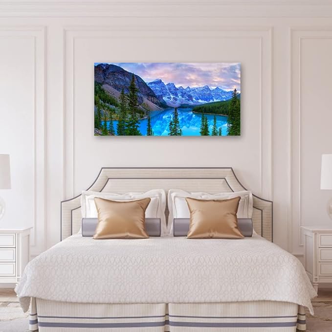 Mountain Lake Wall Art Living Room Wall Decor Banff National Park Nature Landscape Canvas Picture Blue Sky Water Forest Canvas Print Artwork for Bedroom Office Home Framed Ready to Hang 30" x 60"