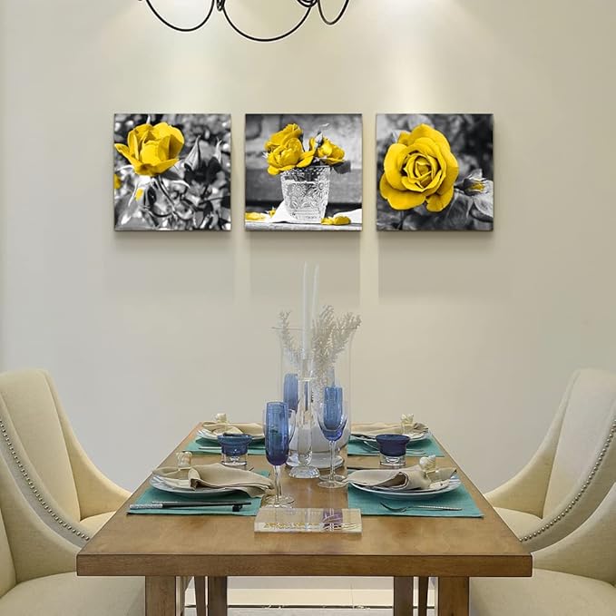 TTHYUEWS Canvas Wall Art For Bedroom Decor Kitchen Living Room Girls Decorations Black And White Pictures Artwork Yellow Rose Flowers Prints Bathroom Home 3 Piece