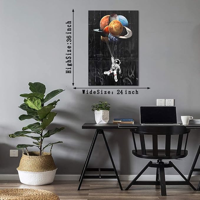 Yatsen Bridge Universe Theme Wall Art, Space Astronaut Holding Planetary Balloon Canvas Picture Art Print, Modern Home Wall Decor Stretched and Framed Ready to Hang - 24x36 inches
