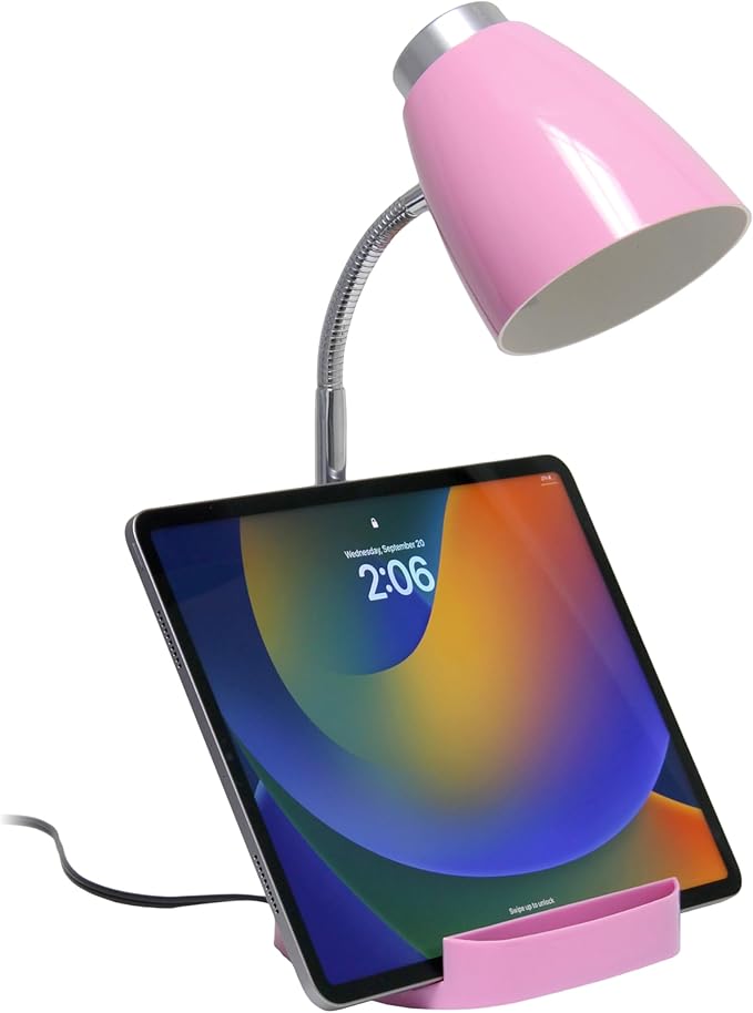 Simple Designs LD1067-PNK Compartmental Desk Lamp with iPhone/iPad/Tablet Stand, Bendable Gooseneck, for Office, Living Room, Nightstand, Library, Entryway, Pink