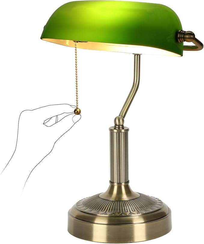 NISSAFORS Bankers Desk Lamp, Green Glass Shade, Vintage Desk Lamp with Pull Chain Switch, Retro Table Lamps for Home Office (Brass+Green, Middle)