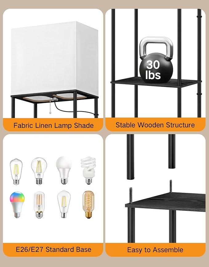 OUTON Floor Lamp with Shelves, Modern Large Size Rectangle Standing Shelf Lamp with 3 Color Temperature Bulb, Storage Display Wood Column Tall Bookshelf Lamp for Living Room, Bedroom Office, Black
