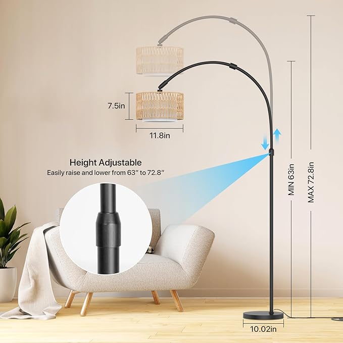 Arc Floor Lamp with Remote Control, Dimmable LED Floor Light with 3 Color Temperature, Black Standing Lamp with Rattan & Fabric Double Drum Shade, Boho Farmhouse Tall Floor Lamp for Living Room