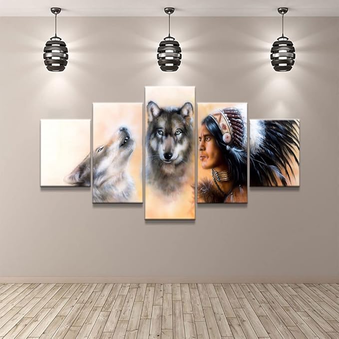 YOUHONG 5-Piece Native American Chief with Wolves Wall Art - Indian Poster Set for Bedroom Decor (70''W x 40''H)