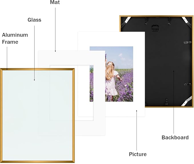 Golden State Art, Gallery Wall Frame Set of 6 - Bronze 11x14 Aluminum Photo Frames with Mat for 8x10 Pictures - 11 x 14 inch Metal Frame with Real Glass Cover - Elegant Home or Office Decor
