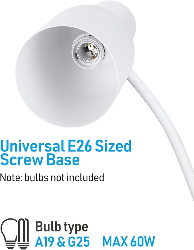 TORCHSTAR Metal Desk Lamp Aesthetic, Vase Shape Design, E26 Base, Max 60W Modern Goose Neck Task Desk Lamp with On/Off Switch, White, for Bedroom, Nightstand, Home Office, Bulb Not Included