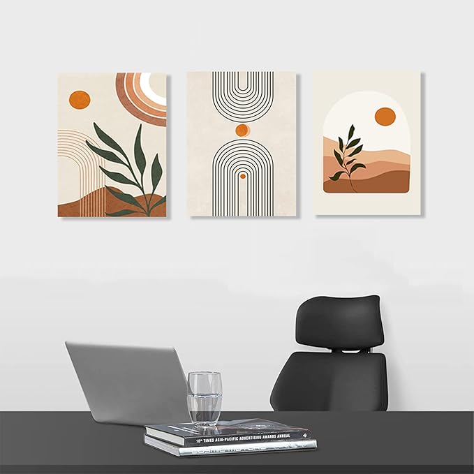 Boho Wall Art Set of 3, MidCentury Modern Wall Prints Framed Canvas Paintings Minimalist Abstract Geometric Beige Orange Moon Plant Desert Nature Illustrations Artwork, Boho Wall Decor Ready To Hang