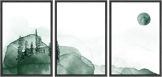 SIGNWIN 3 Piece Framed Canvas Wall Art Green Watercolor Landscape with Moon Nature Wilderness Illustrations Abstract Traditional Home for Living Room,Bedroom - 16"x24"x3 Black