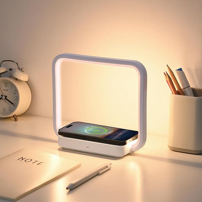 Besides Lamp with Wireless Charging, Table Lamp Touch Control with 10W Fast Charger, Nightstand Lamp with 3-Level Adjustable Brightness, 180° Foldable Arm, Modern Nightlight for Bedroom,Dorm Gift