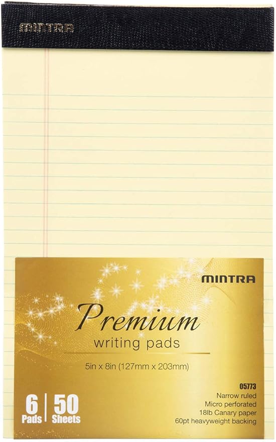 Mintra Office Canary Legal Pads - Premium Quality Heavyweight Paper with Micro-perforated sheets, Smooth-lined paper, Ideal for Office Tasks, Assignments or Notes, Meetings, and Journaling, 6 pack, Yellow Paper, Narrow Ruled, 5"x8"