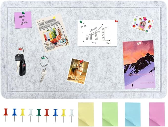 Vuzvuv Grey 28"x16" Large Cork Board with 50 Push Pins & Sticky Notes, Self-Adhesive Bulletin Board for Wall, Felt Pin Vision Board for Paste Notes,Schedules Offices Home