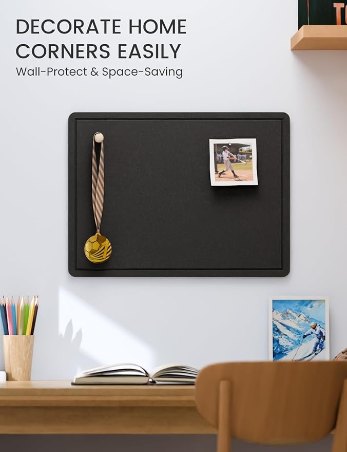 Fluxynara Bulletin Board, 23.6" x 17.5" Cork Board Alternative with 12 Safe Removable Adhesive Tabs, Foldable Felt Pin Board for Home Office, Classroom, Bedroom,Entryway for Walls— Black