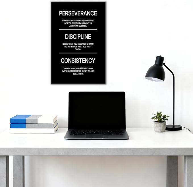 DINGFUN Perseverance Discipline Consistency Motivational Wall Decor Inspirational Office Poster Wall Art Positive Picture Print Artwork for Home Bedroom Gym Classroom Ready to Hang [12''Wx18''H]