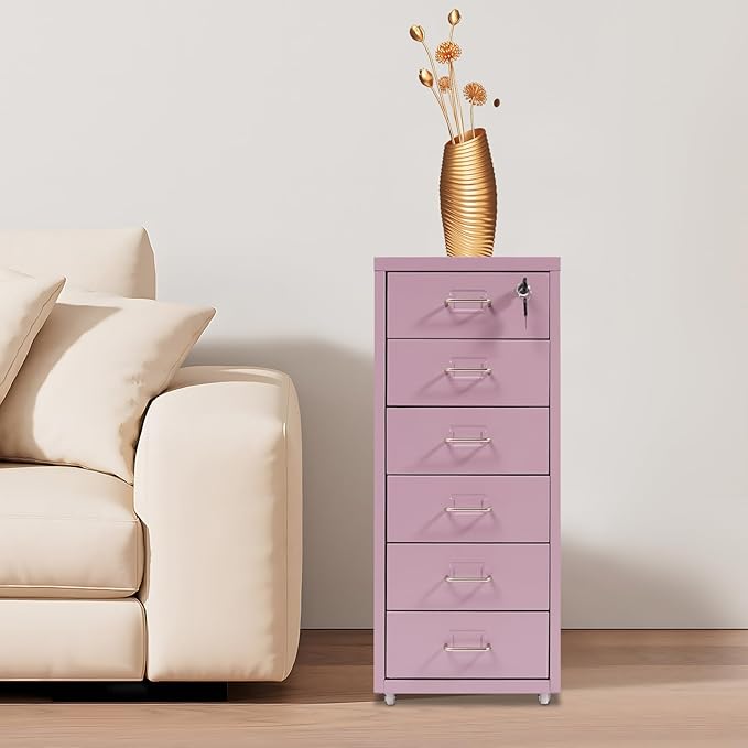 6 Tiers Metal File Cabinet with 6 Drawers Vertical Filing Cabinet with Lock & Wheels Freestanding Locking Storage Cabinet for Home Office, 11 * 16 * 27in (Purple)