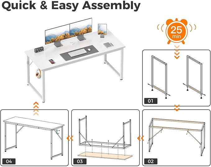 Casaottima 54 Inches Small Computer Desk, Work Study Table for Home Office, Kids Student Writing Desk with Headphone Hooks, White
